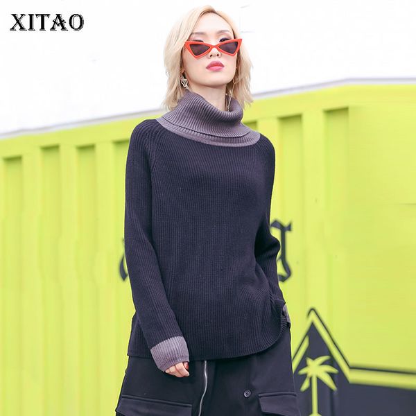 xitao knitted thick sweater women fashion new 2019 autumn turtleneck split patchwork casual style small fresh sweater wld2846, White;black